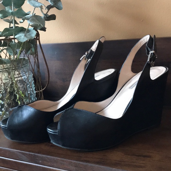 BCBGeneration Black Peep-Toe Wedges - Picture 1 of 4